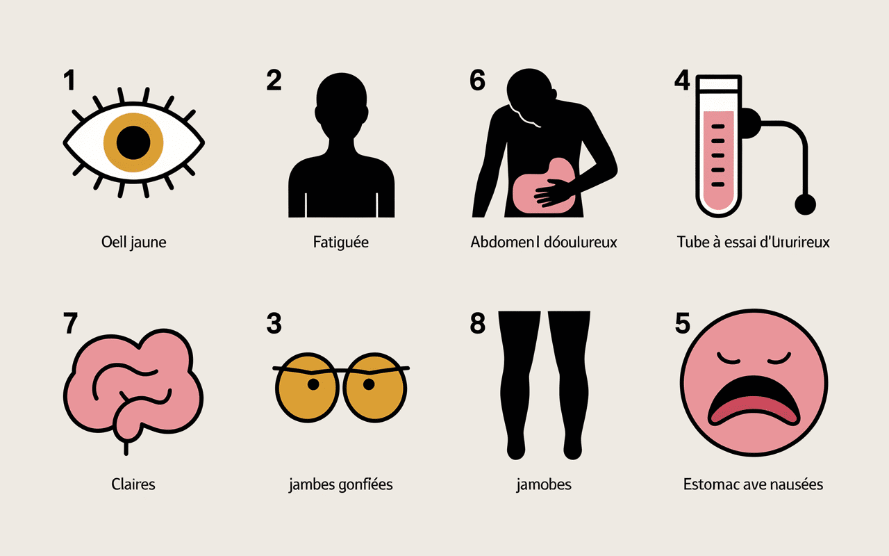 Infographie avec icônes de symptômes: oeil jaune, abdomen douloureux