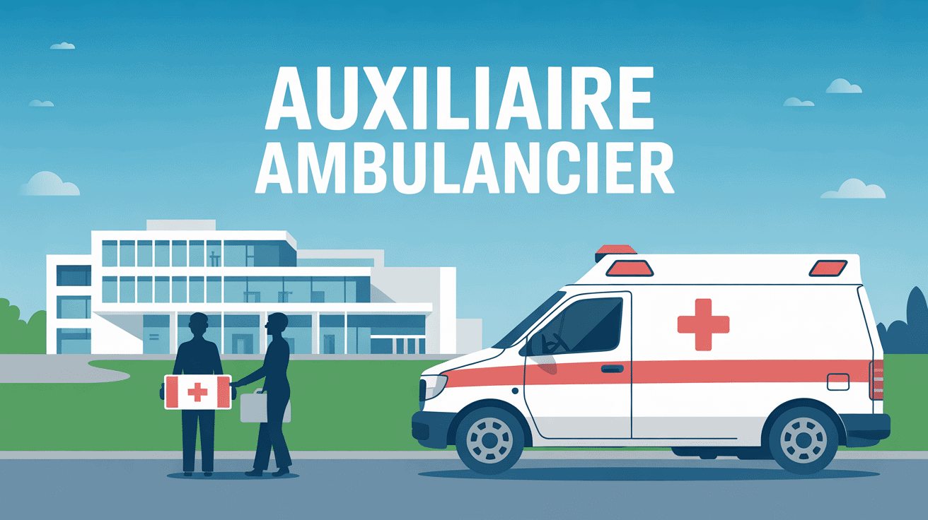 Auxiliaire ambulancier transportant un brancard devant un hôpital