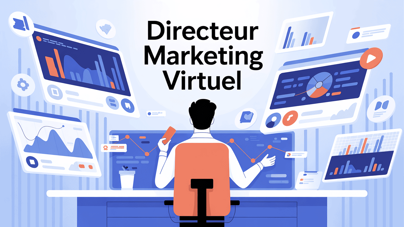 Illustration Directeur Marketing Virtuel avec graphiques et flux numériques