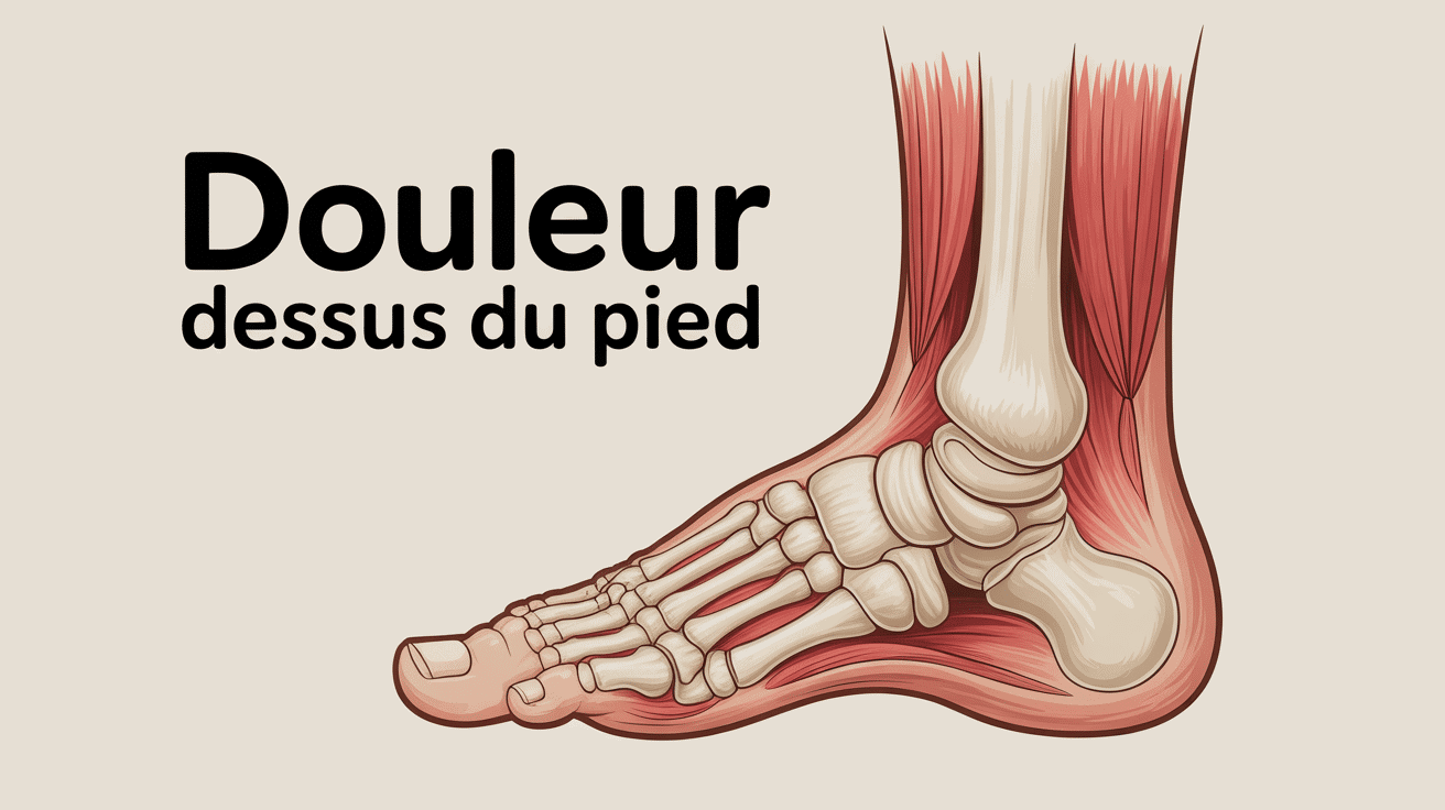 Vue anatomique du pied avec zones de douleur dessus en rouge.