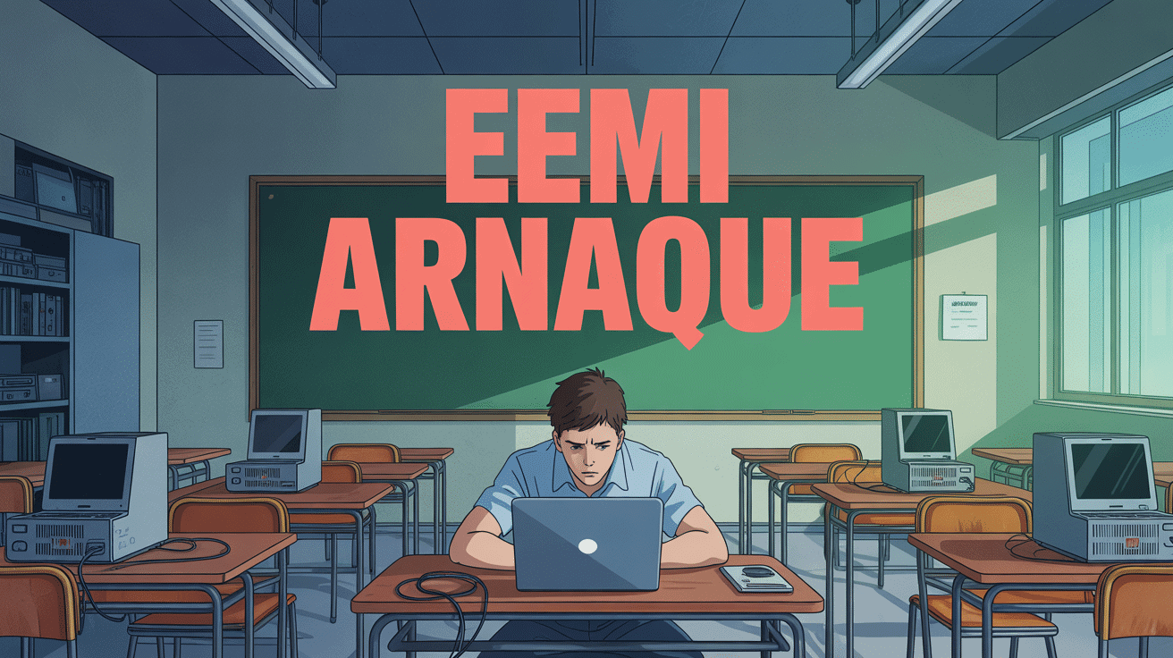 étudiant frustré devant matériel informatique obsolete eemi arnaque