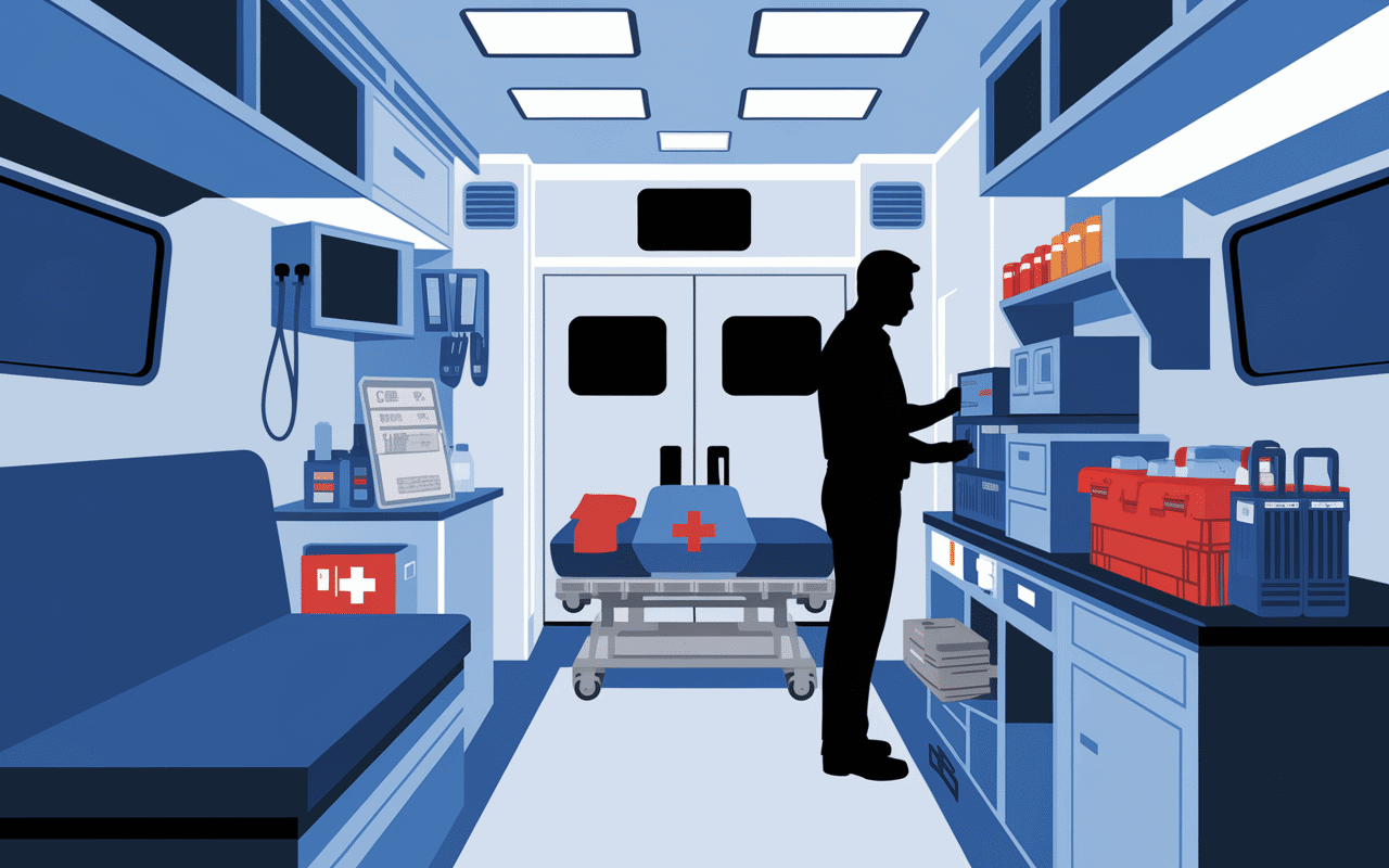 Matériel médical dans une ambulance avec un auxiliaire ambulancier