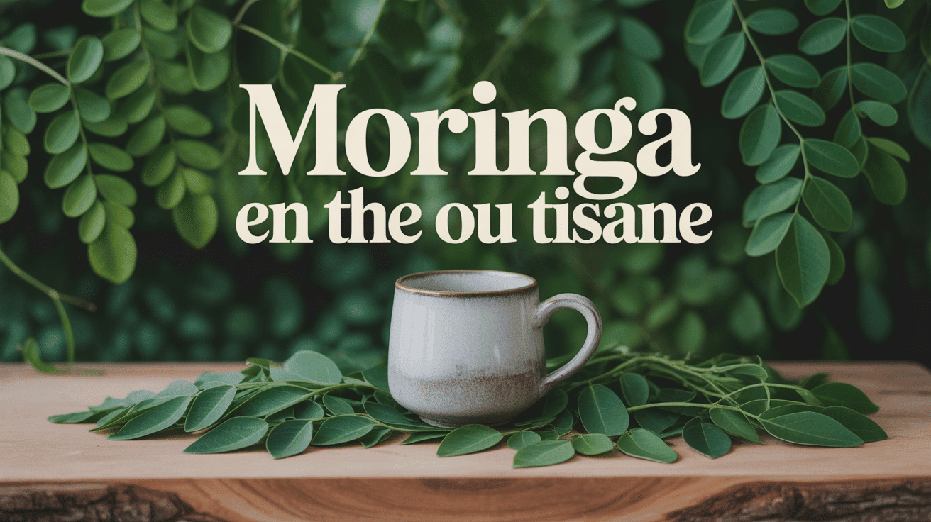 Tasse de thé au moringa entourée de feuilles vertes