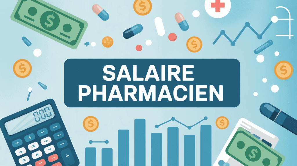 Illustration stylisée de pharmacie et finances, salaire pharmacien 2025