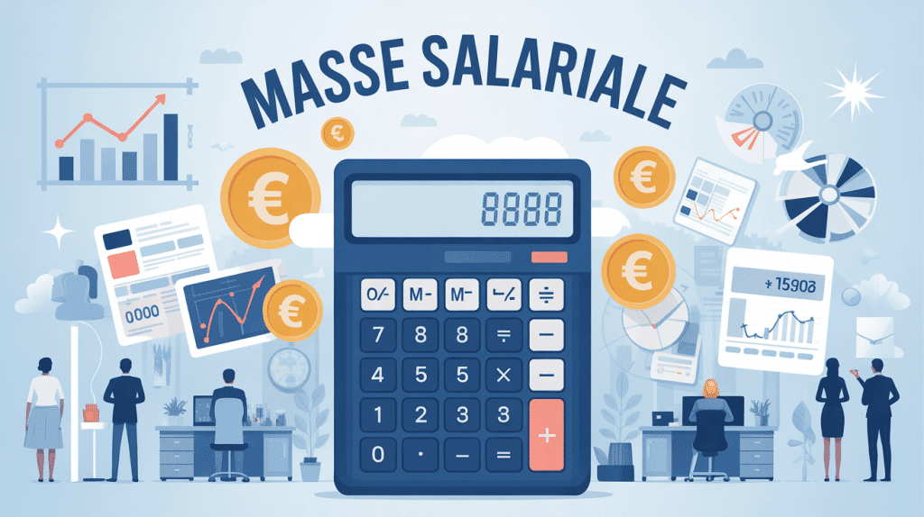 Illustration calculatrice géante et symboles financiers