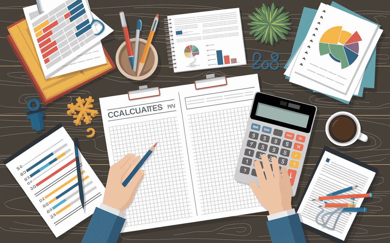 Vue bureau calculatrice et feuilles de calcul