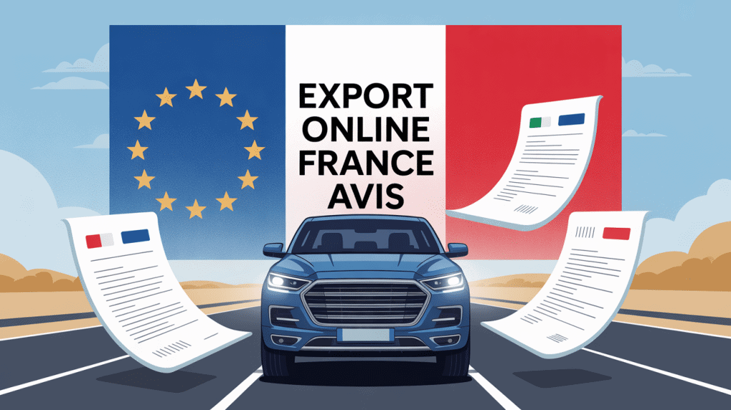 Illustration d'un véhicule moderne avec documents administratifs et drapeaux