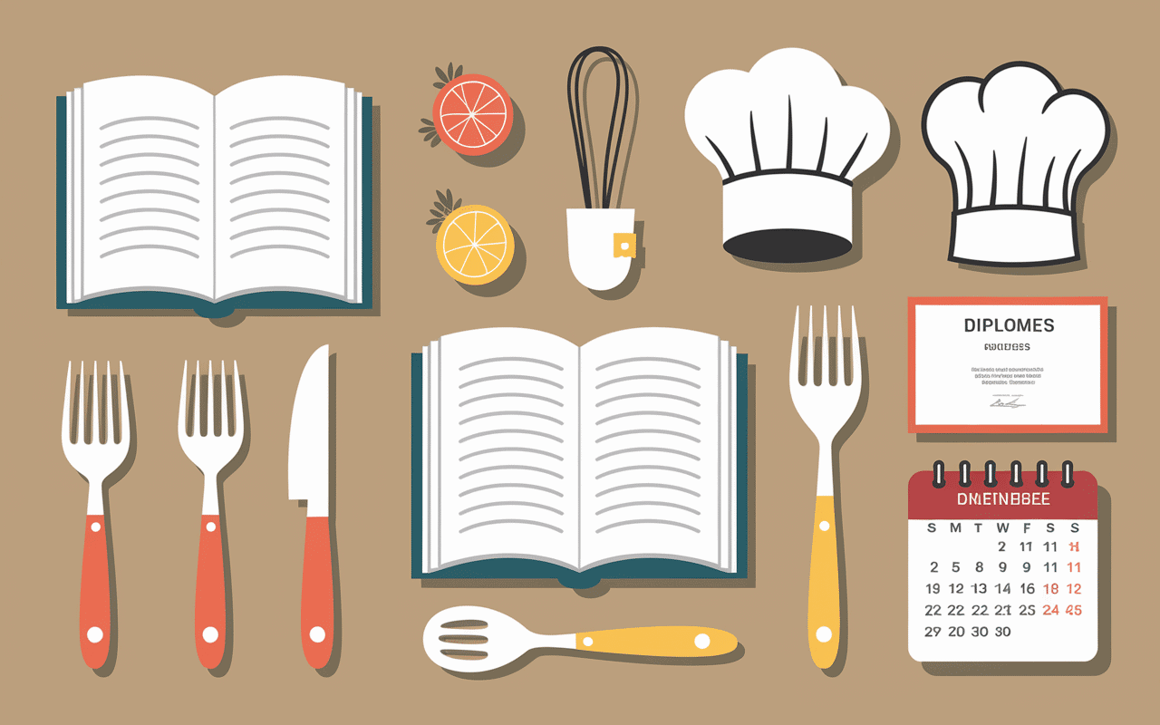 Formations à l'École Ducasse avec ustensiles et livres de cuisine
