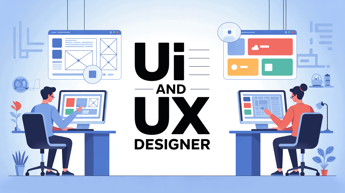 UI and UX designer illustration with wireframes and interfaces