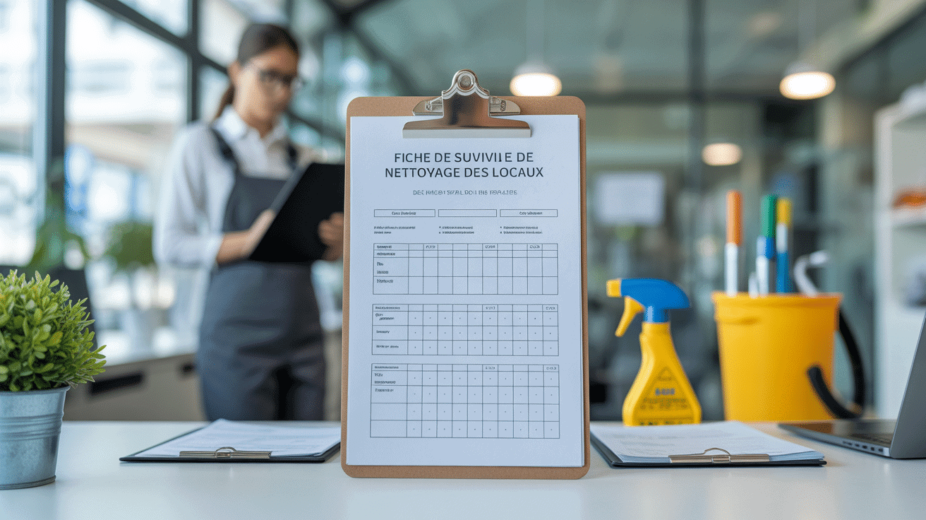 fiche de suivi de nettoyage des locaux sur clipboard au bureau