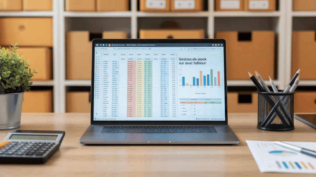 gestion de stock sur excel tableur affiché sur ordinateur portable
