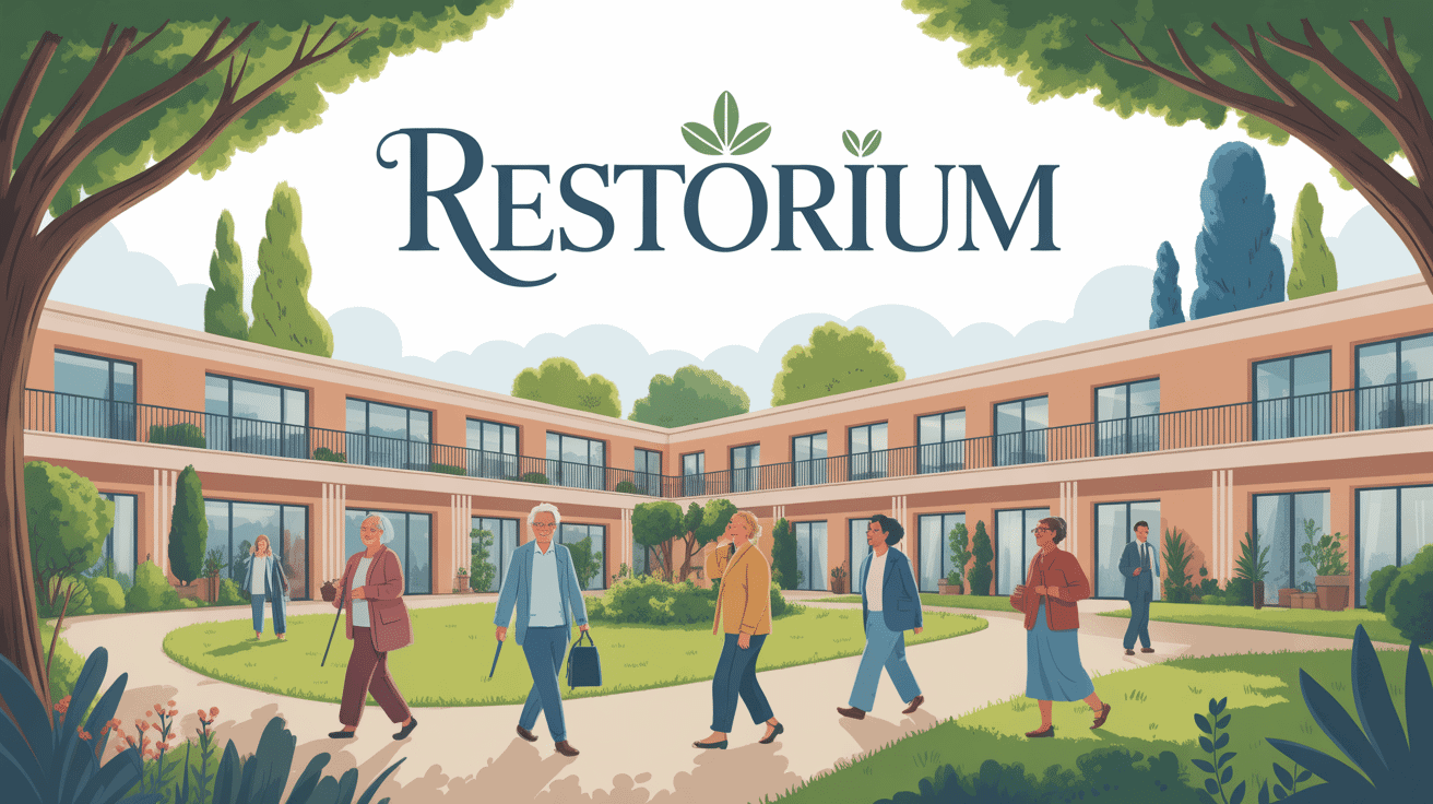 Restorium moderne avec seniors souriants dans un jardin