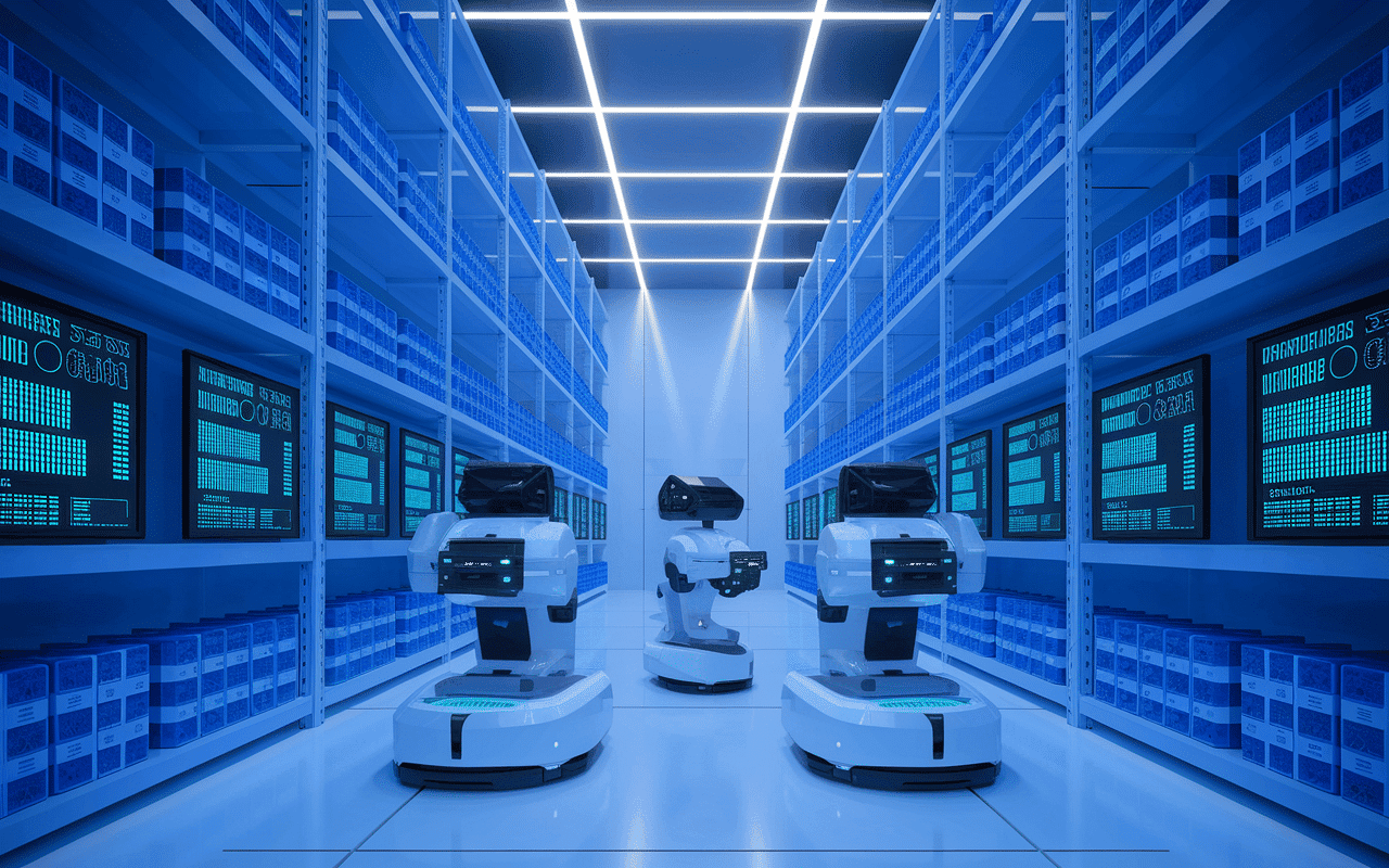 Intérieur entrepôt central distribution center avec robots et écrans