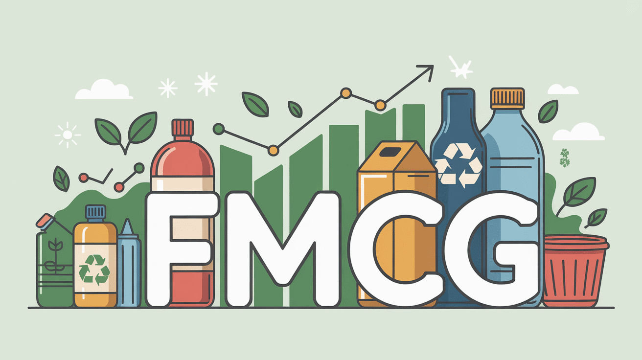 illustration fmcg avec produits et icônes croissance