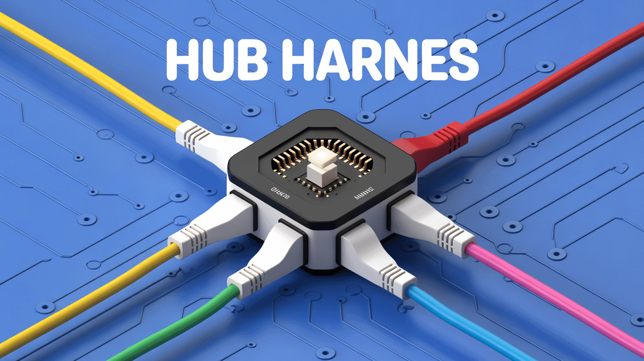 Vue hub harnes électrique câbles colorés circuits imprimés