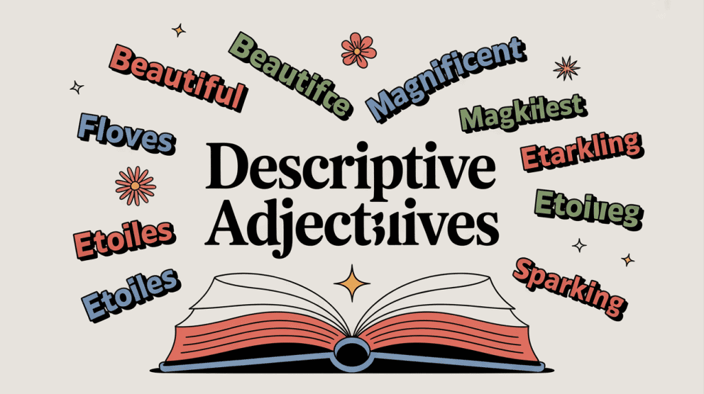 illustration descriptive adjectives mots anglais flottants livre