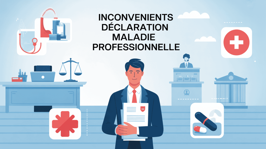 Inconvénient de déclarer une maladie professionnelle, illustration silhouette travailleur, icônes médicales