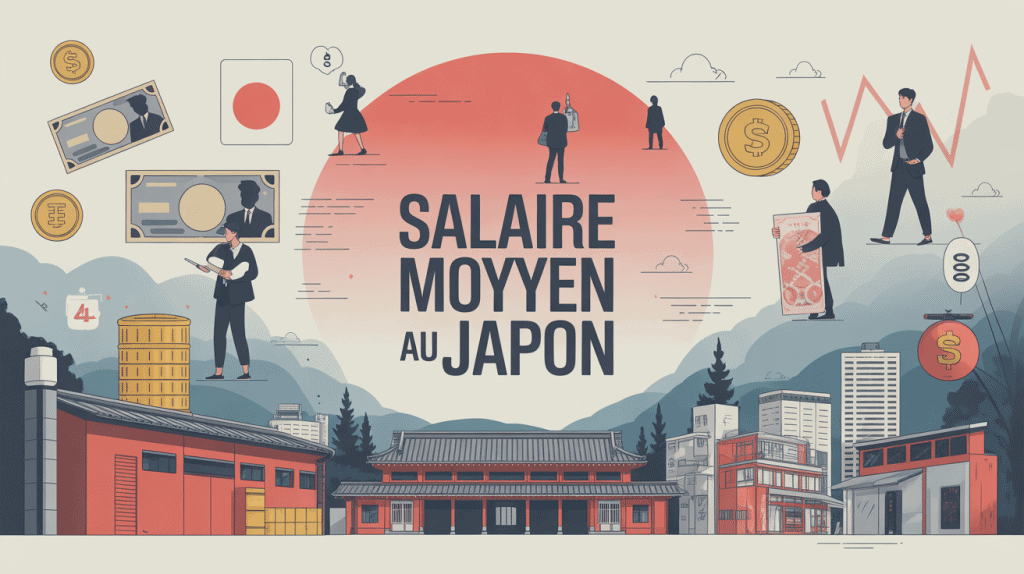 illustration salaire moyen au japon, travailleurs et symboles économiques