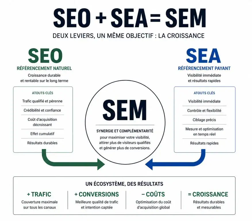 Schéma explicatif du Search Engine Marketing combinant SEO et SEA pour une stratégie de visibilité digitale