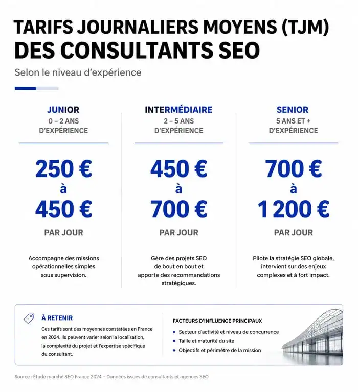 Infographie des tarifs journaliers moyens d'un freelance SEO selon l'expérience