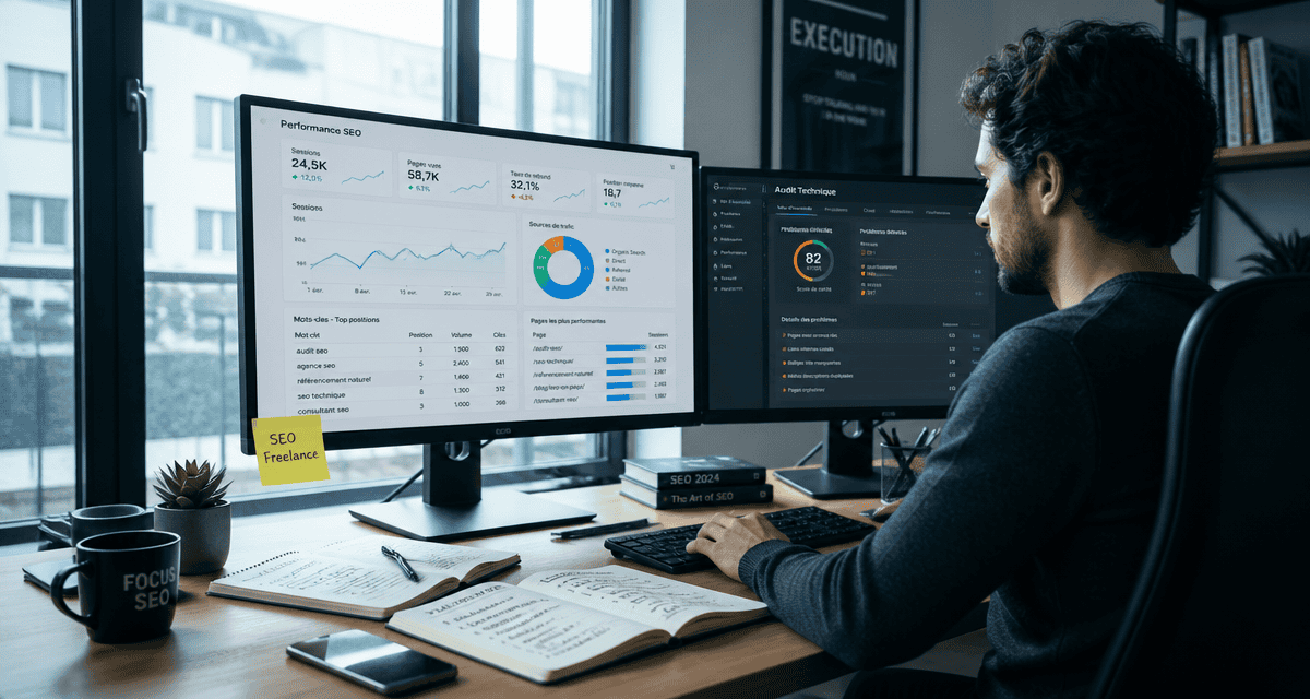 Freelance SEO travaillant sur deux écrans