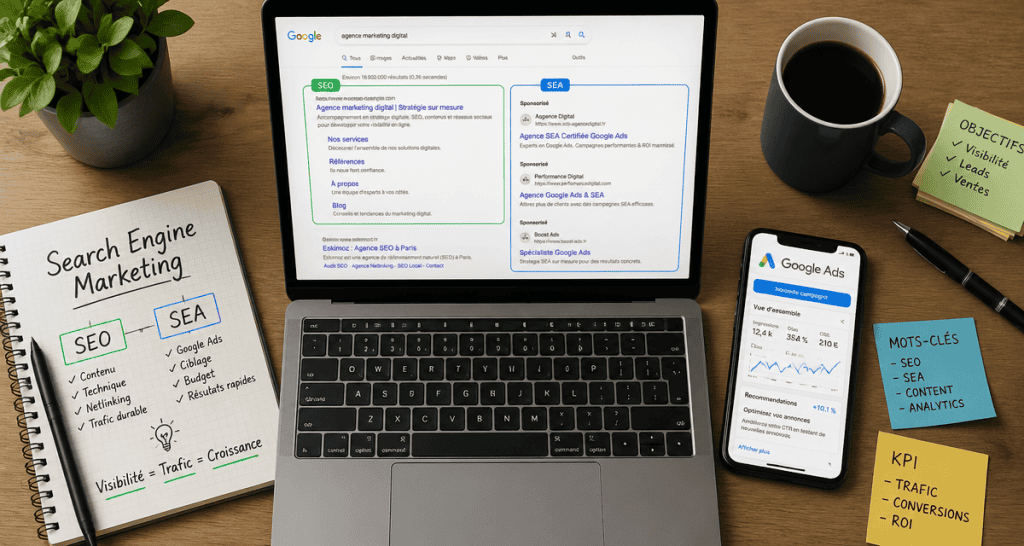 search engine marketing sur ordinateur portable bureau moderne