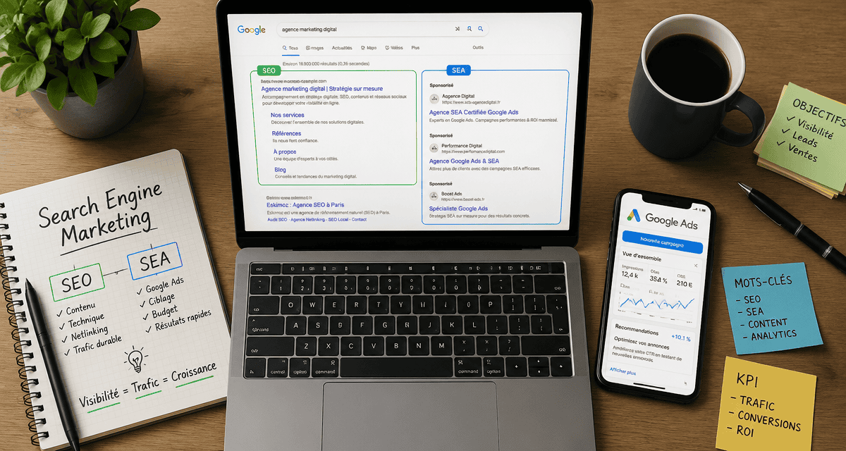 search engine marketing sur ordinateur portable bureau moderne