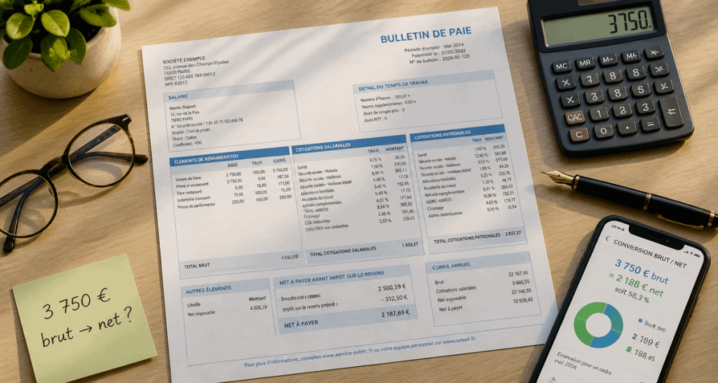 3750 brut en net fiche de paie