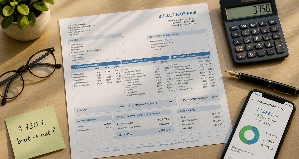 3750 brut en net fiche de paie