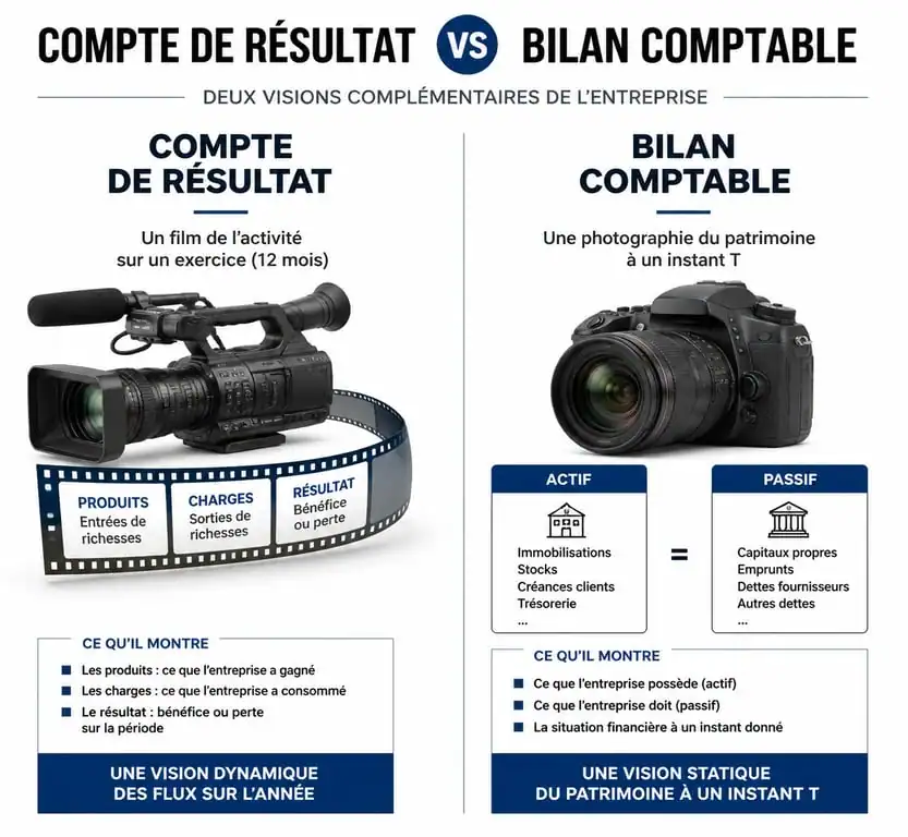 Infographie comparative entre le bilan comptable et le compte de résultat pour comprendre la gestion d'entreprise
