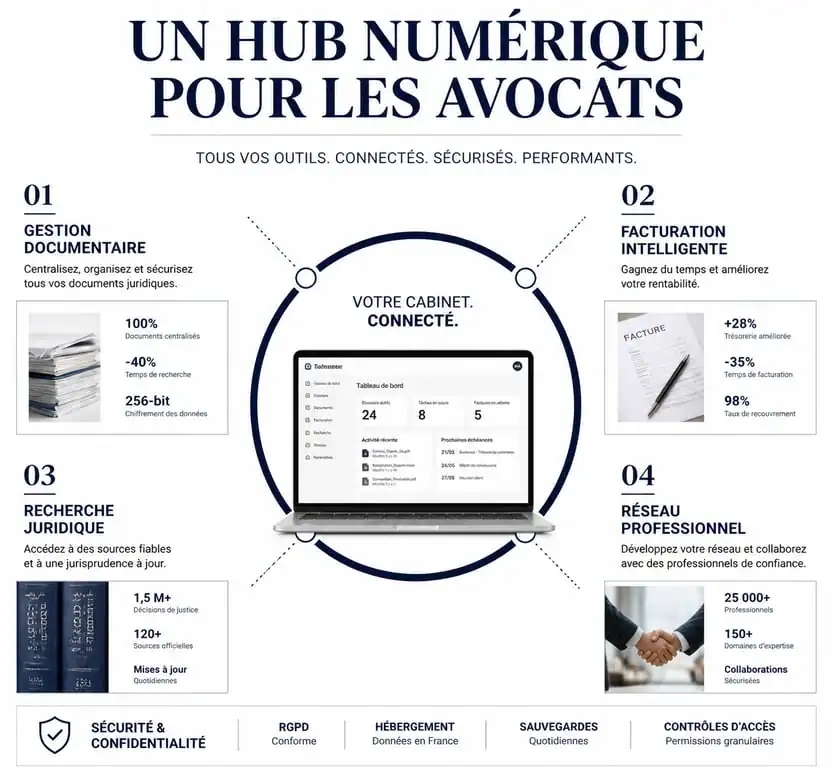 Schéma conceptuel du Hub Avocat centralisant les outils de gestion pour cabinets juridiques