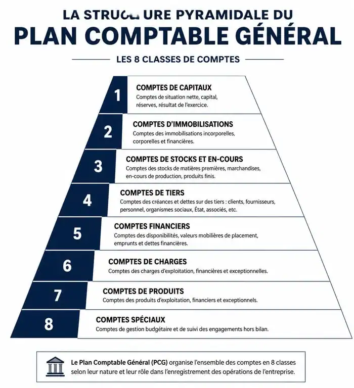 Infographie de la structure du plan comptable général et des 8 classes de comptes comptables