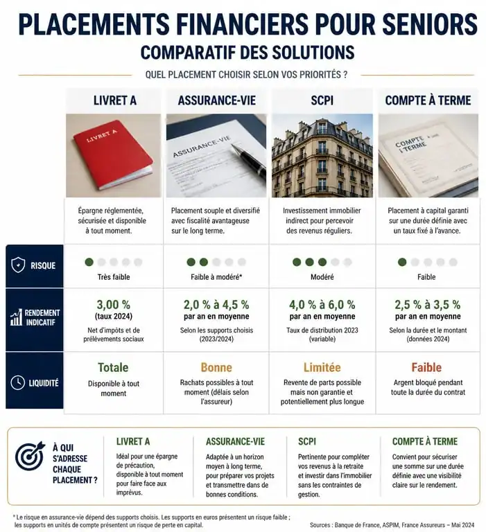 Infographie comparative des meilleurs placements financiers pour seniors : rendement, risque et liquidité.