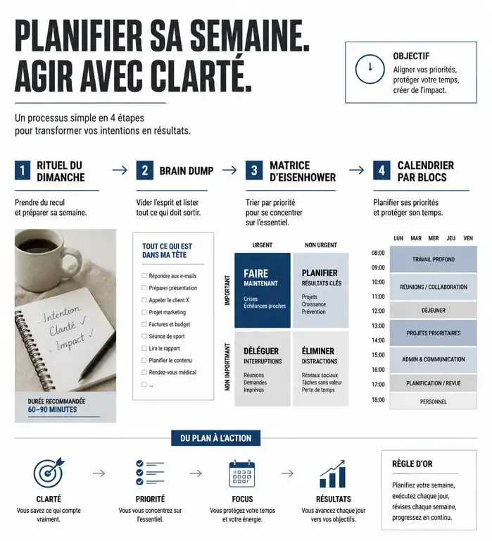 Infographie illustrant les étapes clés d'une organisation de semaine efficace, incluant la matrice d'Eisenhower et le time blocking.