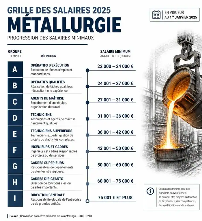 Infographie des salaires minima hiérarchiques de la convention collective métallurgie 2025 par groupe d'emplois