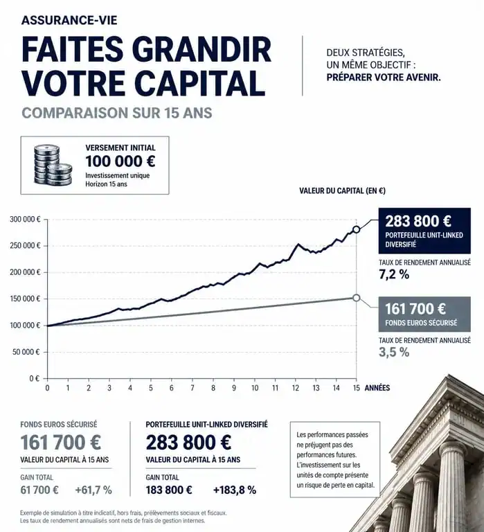 Graphique illustrant le rendement potentiel d'une assurance vie selon le type de support pour savoir combien rapporte une assurance vie.