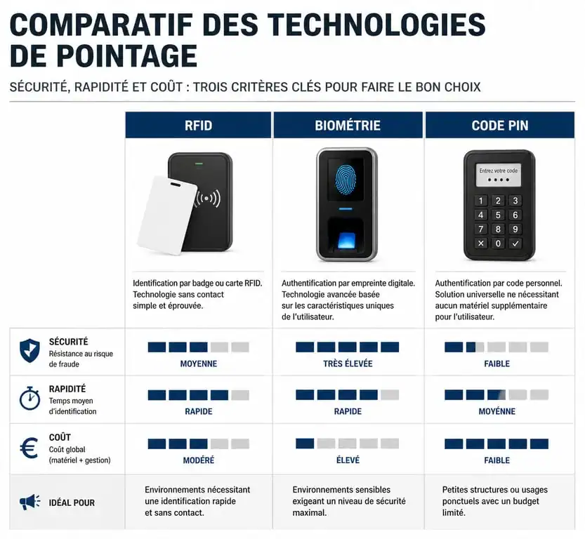 Comparatif des technologies de pointeuse badgeuse : RFID, biométrie et code PIN