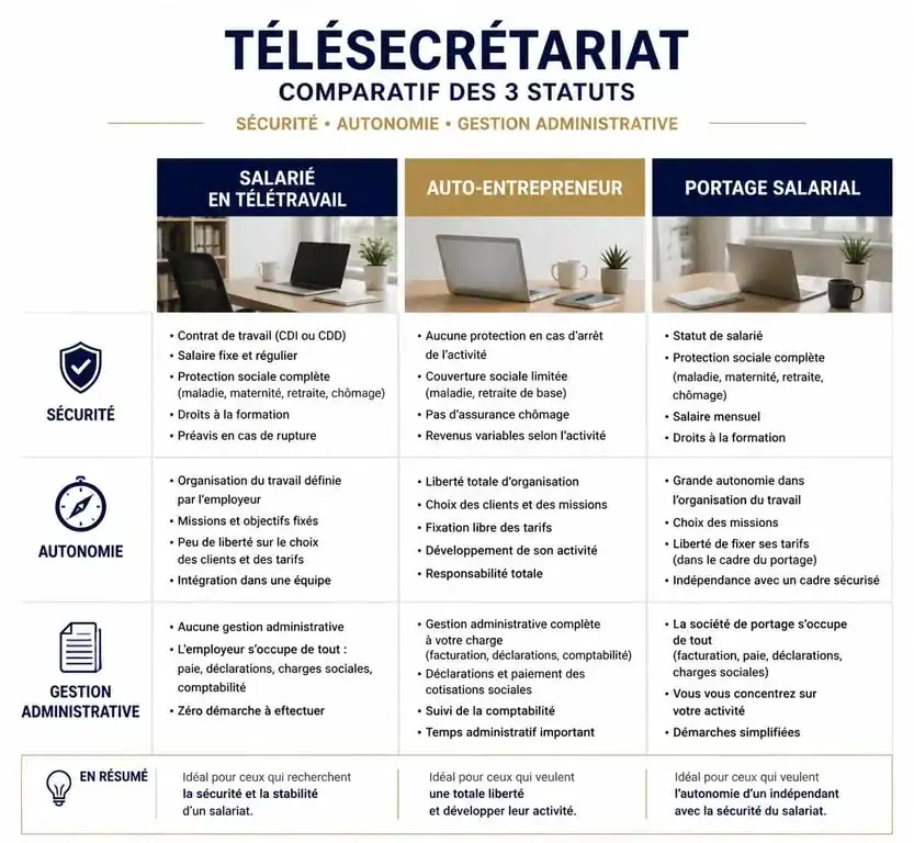 Comparatif des statuts pour télésecrétaire à domicile : salarié, freelance ou portage salarial pour trouver une offre d'emploi fiable.