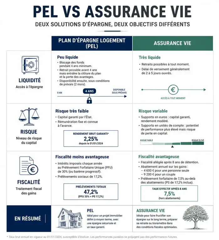 Infographie comparative entre le PEL et l'assurance vie pour choisir son placement