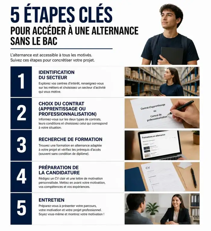 Infographie des étapes pour réussir son alternance sans le bac