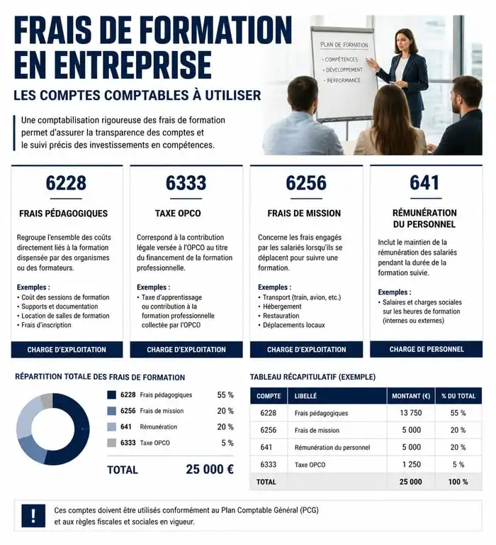 Schéma récapitulatif des comptes comptables pour la formation professionnelle en entreprise