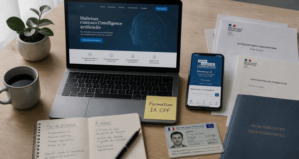 bureau avec ordinateur smartphone formation cpf ia