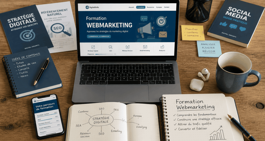 Bureau avec ordinateur et formation webmarketing
