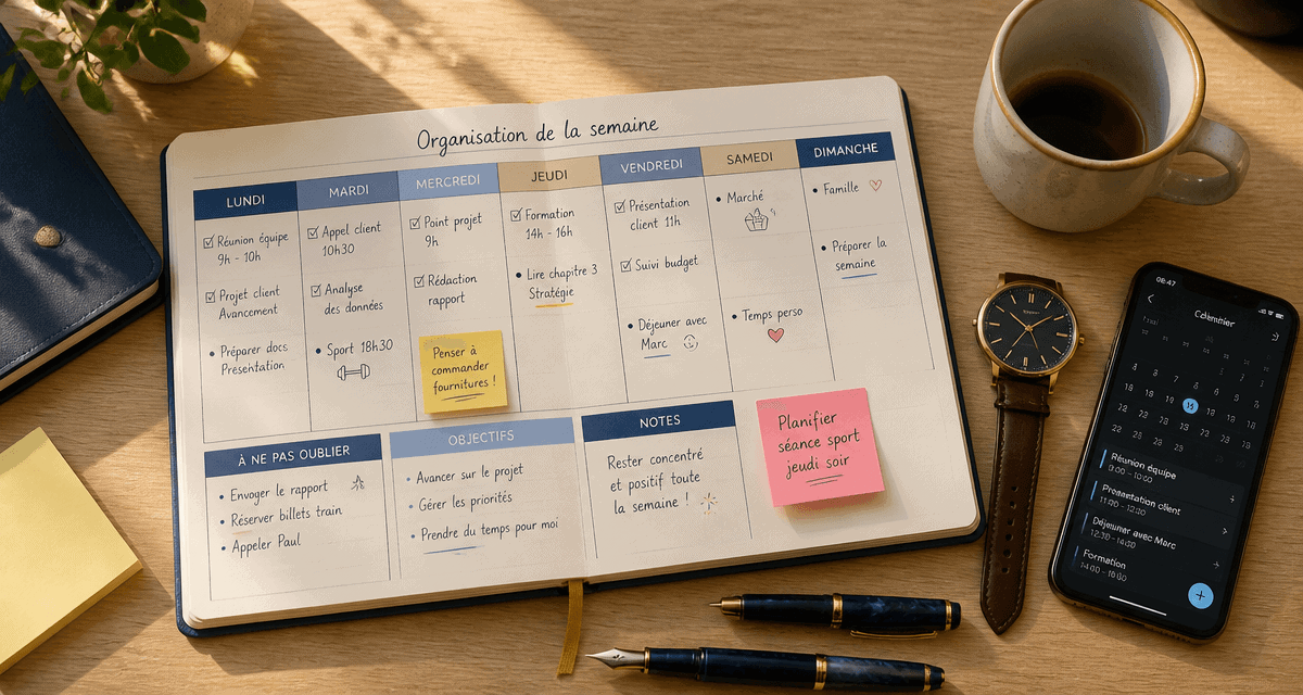 organisation semaine, bureau avec semainier et accessoires