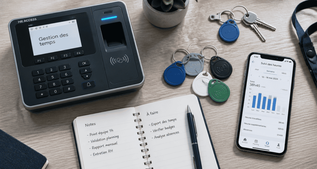 pointeuse badgeuse et badges sur bureau