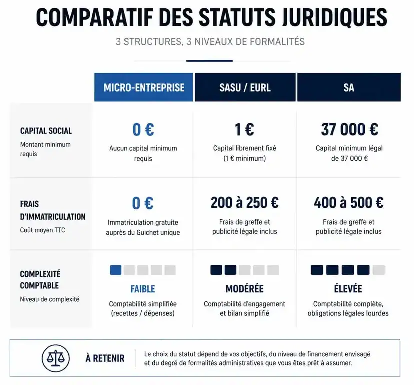 Tableau comparatif des statuts juridiques pour monter son entreprise sans argent