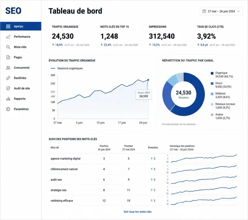 Tableau de bord d'un outil de site SEO ranking affichant les performances de positionnement