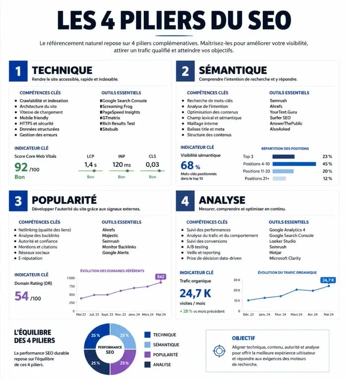 Infographie des compétences et outils indispensables pour un emploi SEO