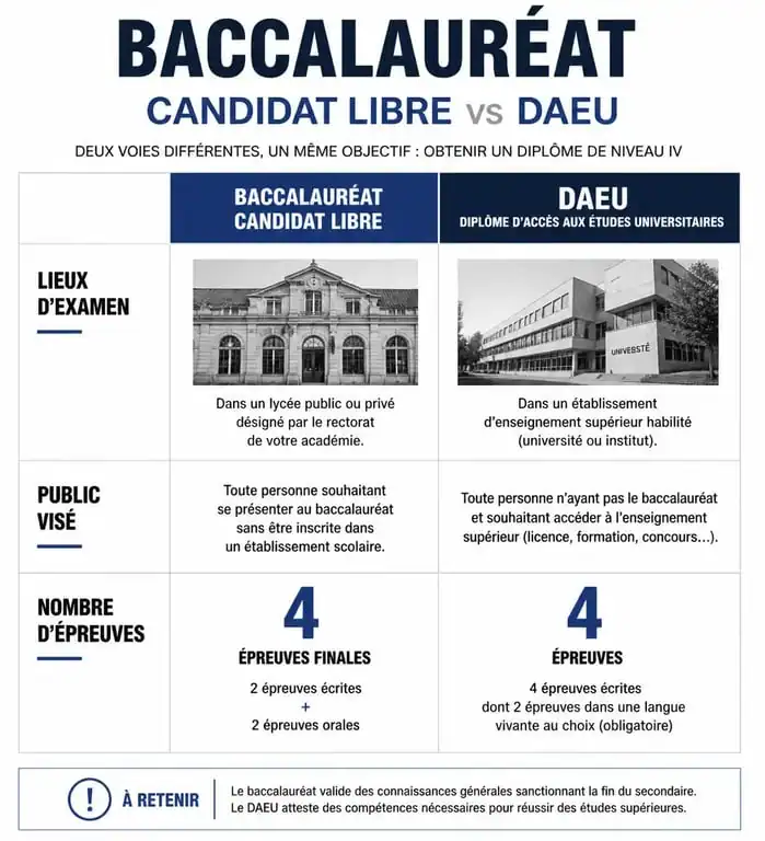 Infographie comparative des options pour passer son bac adulte : baccalauréat en candidat libre et DAEU