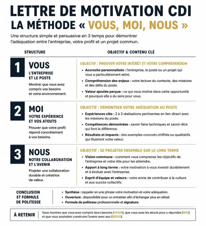Infographie de la structure d'une lettre de motivation CDI efficace avec la méthode Vous Moi Nous